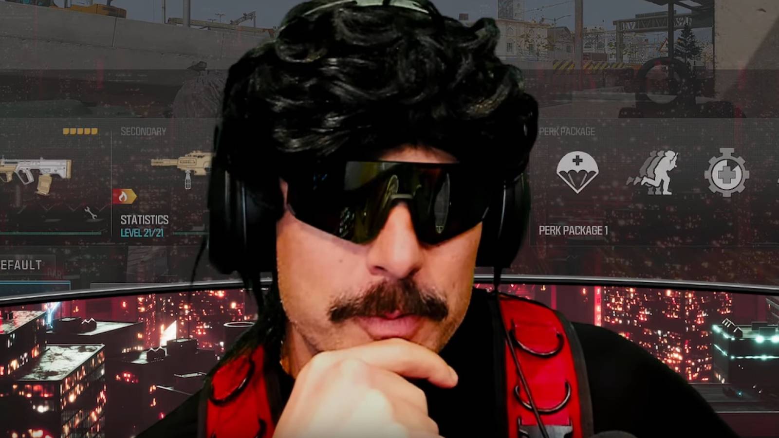 Dr Disrespect with a cAll of Duty Warzone game playing in the background
